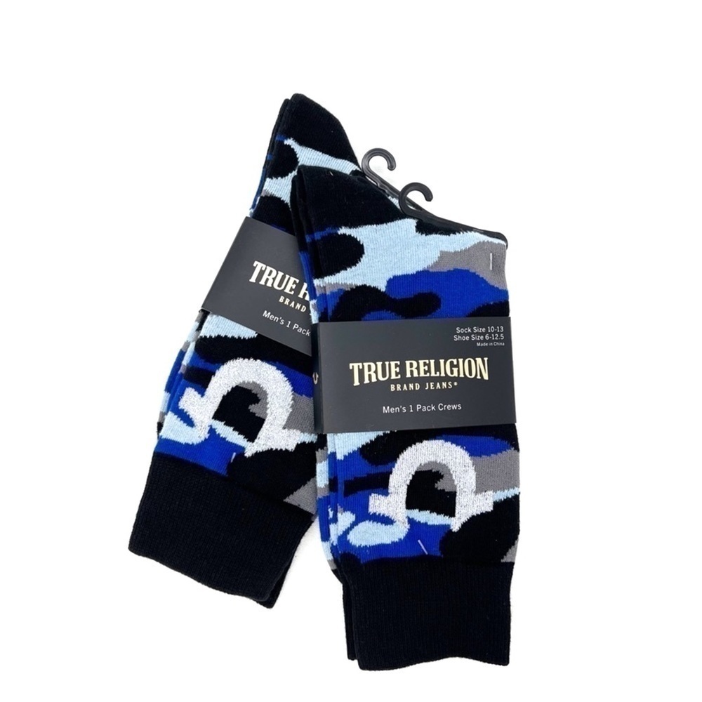 True Religion Men’s Crew Socks Blue Black Gray Camo Two (2) Pair Cotton New NWT